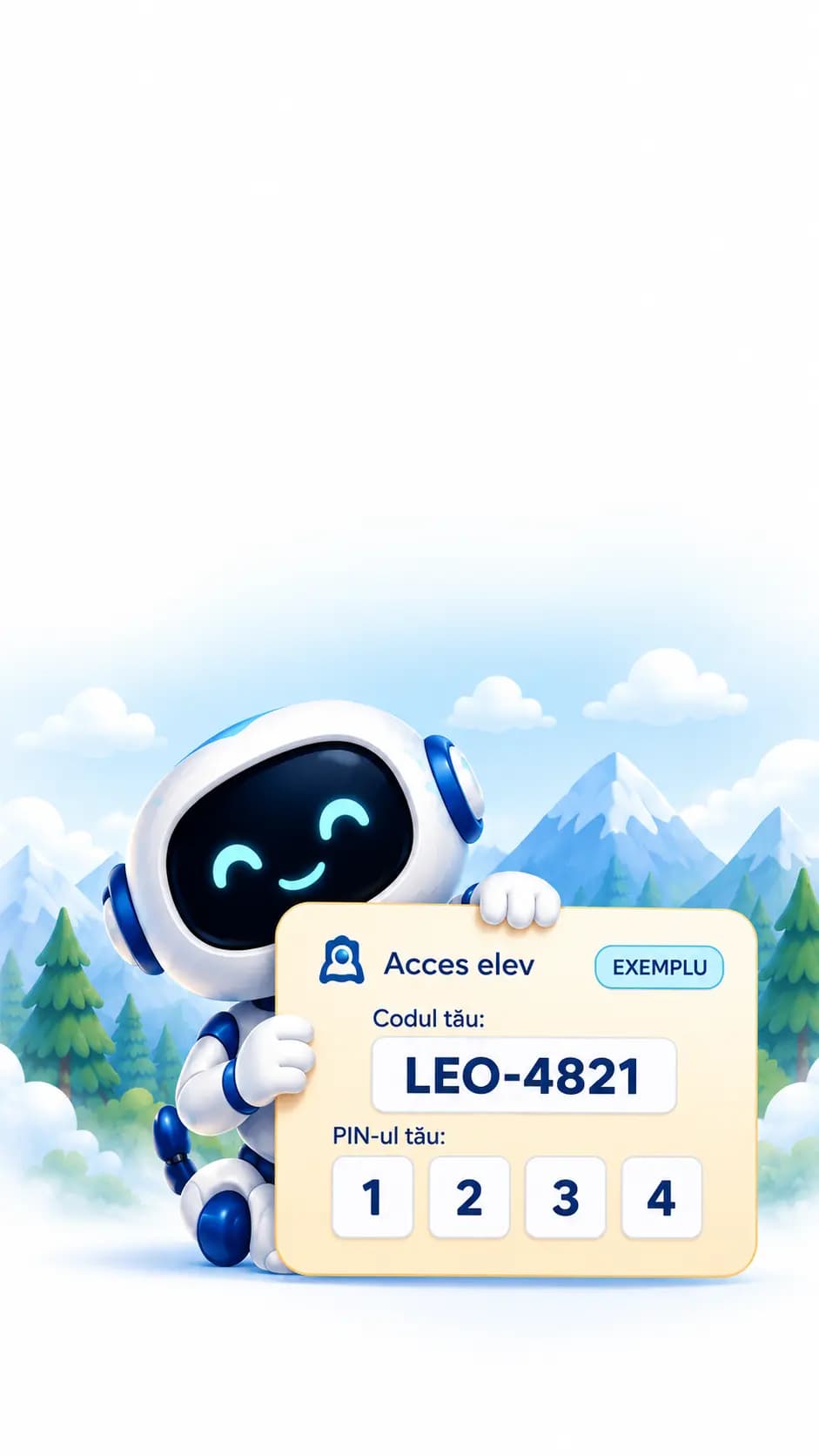Byte ține un cartonaș de exemplu cu codul LEO-4821 și PIN-ul 1 2 3 4.