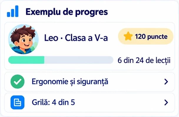 Exemplu de progres: Leo, clasa a V-a, 120 de puncte, 6 din 24 de lecții. Ergonomie și siguranță terminată, grilă: 4 din 5.