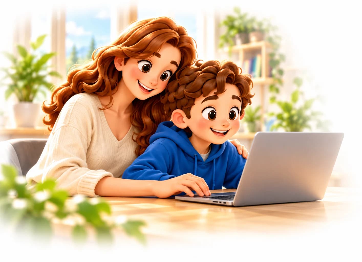 O mamă și băiatul ei la laptop.