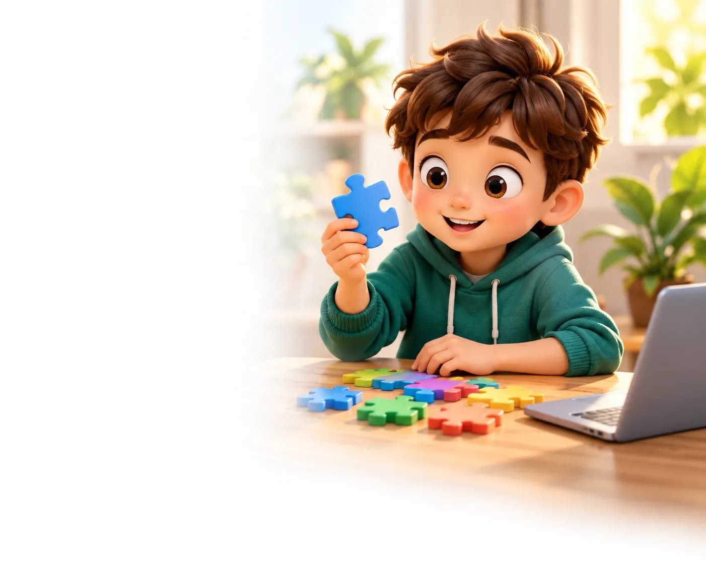 Un copil potrivește o piesă de puzzle lângă laptop.