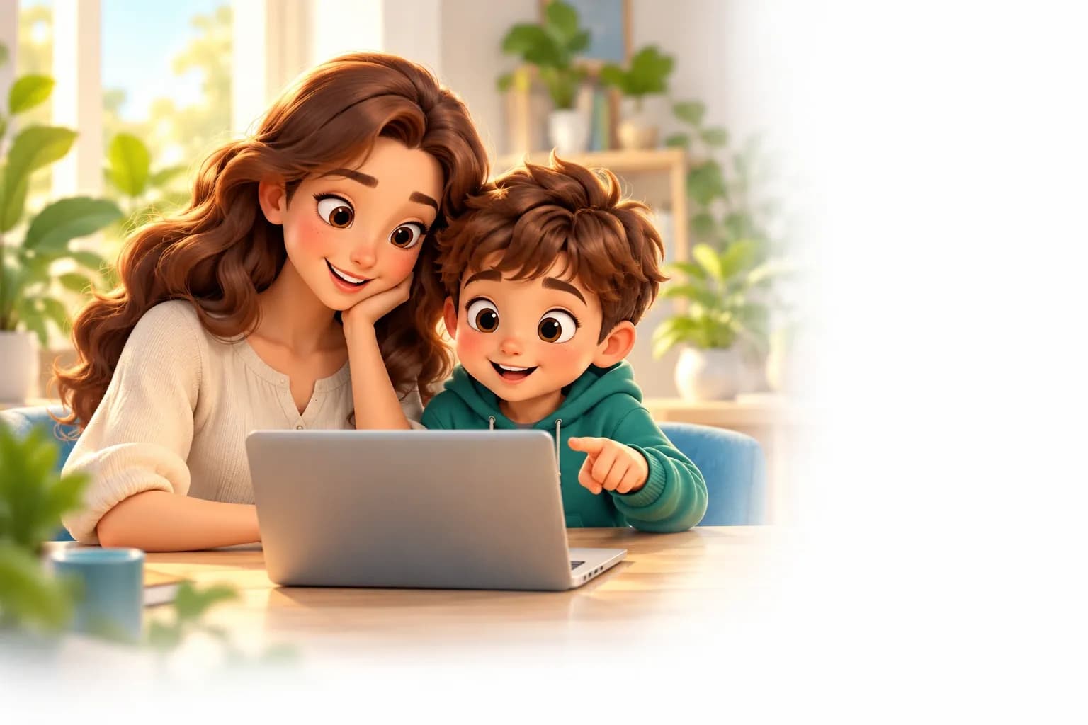 O mamă și copilul ei la laptop.